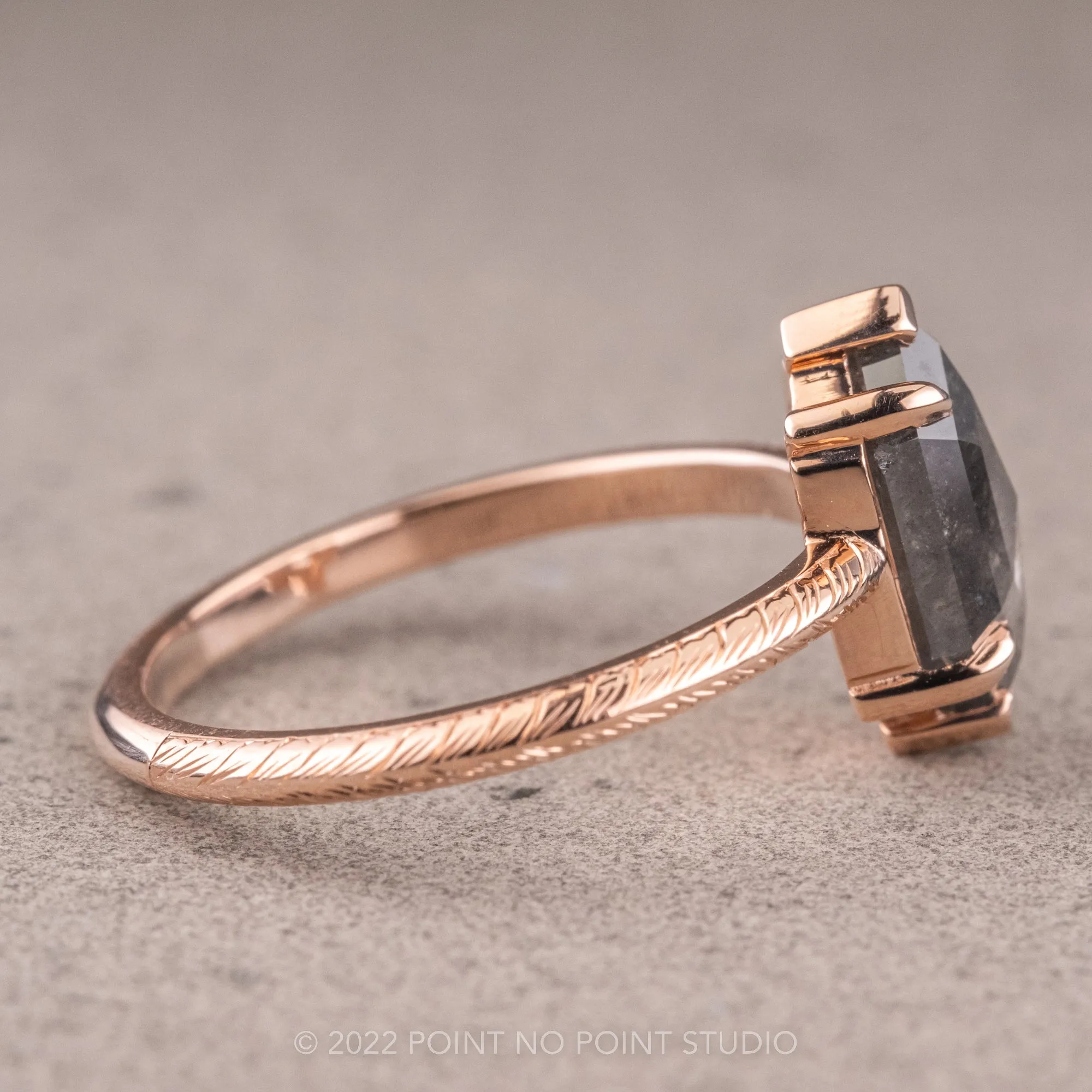 1.92 Carat Salt and Pepper Hexagon Diamond Engagement Ring, Engraved Jane Setting, 14K Rose Gold