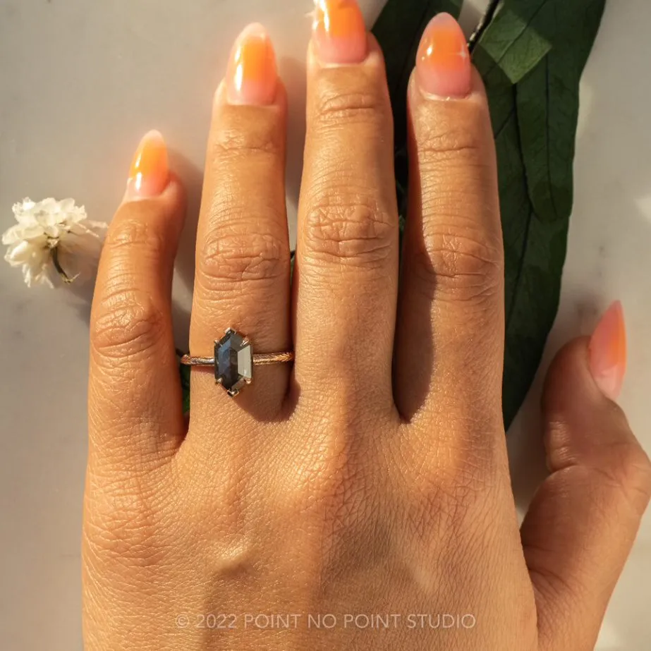 1.92 Carat Salt and Pepper Hexagon Diamond Engagement Ring, Engraved Jane Setting, 14K Rose Gold