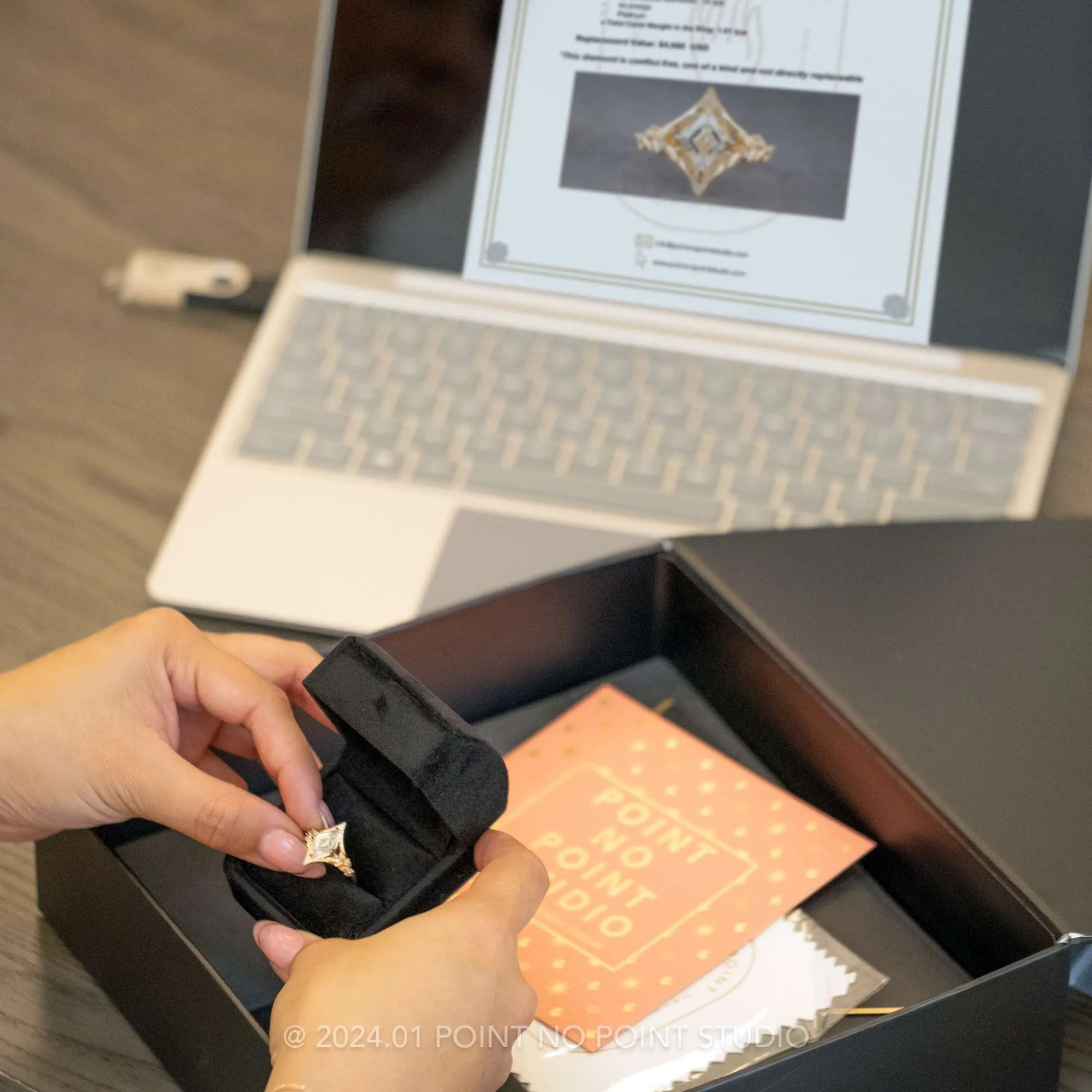 1.92 Carat Salt and Pepper Hexagon Diamond Engagement Ring, Engraved Jane Setting, 14K Rose Gold