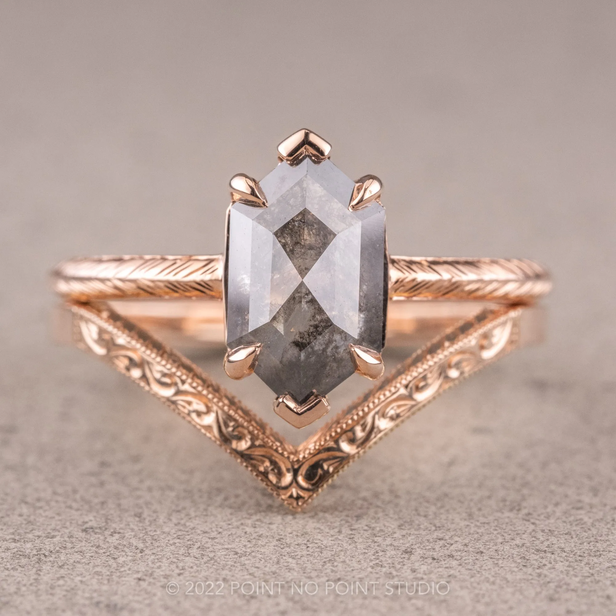 1.92 Carat Salt and Pepper Hexagon Diamond Engagement Ring, Engraved Jane Setting, 14K Rose Gold