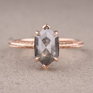 1.92 Carat Salt and Pepper Hexagon Diamond Engagement Ring, Engraved Jane Setting, 14K Rose Gold