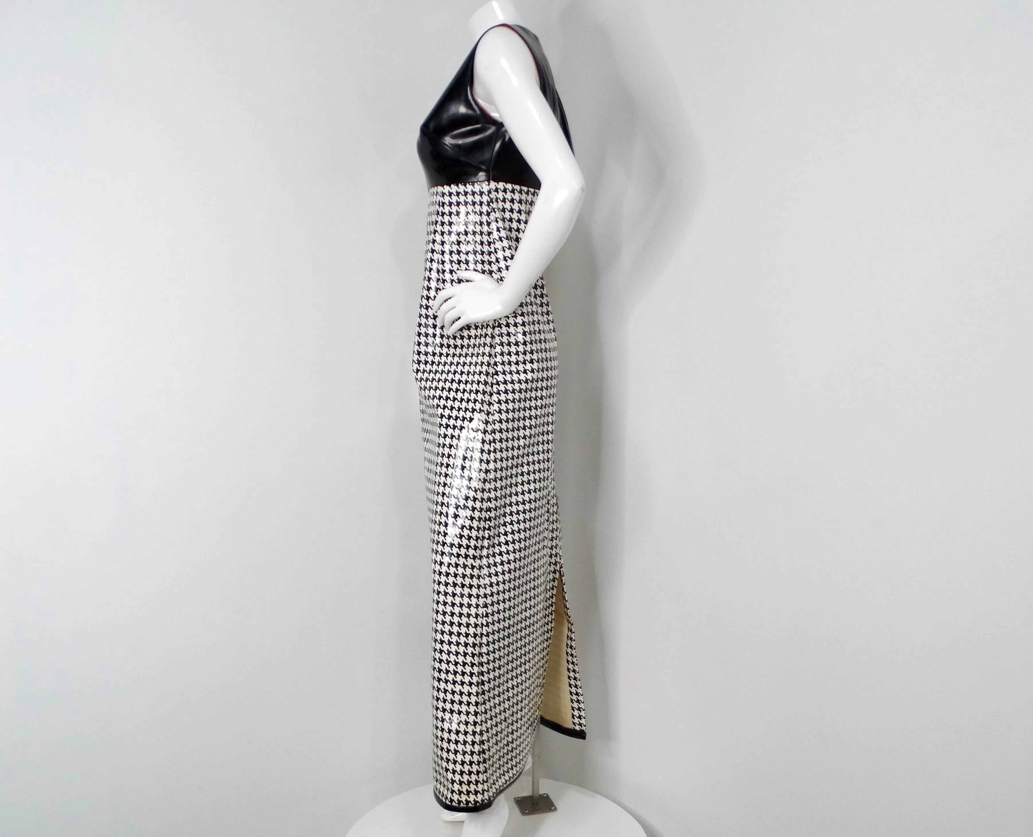 1960s Mod Vinyl Black & White Houndstooth Sleeveless Maxi Dress