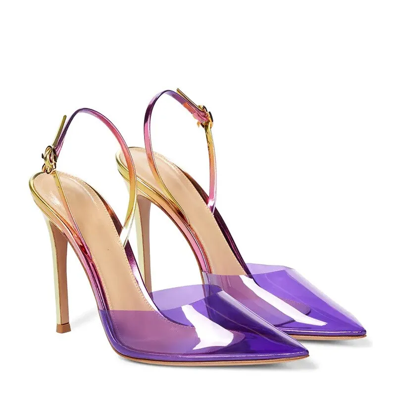 2023 New Thin High Heels Pointed PVC One Line Buckle Large Sexy Women's Sandals