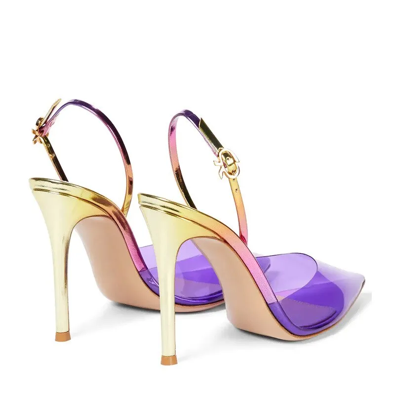 2023 New Thin High Heels Pointed PVC One Line Buckle Large Sexy Women's Sandals