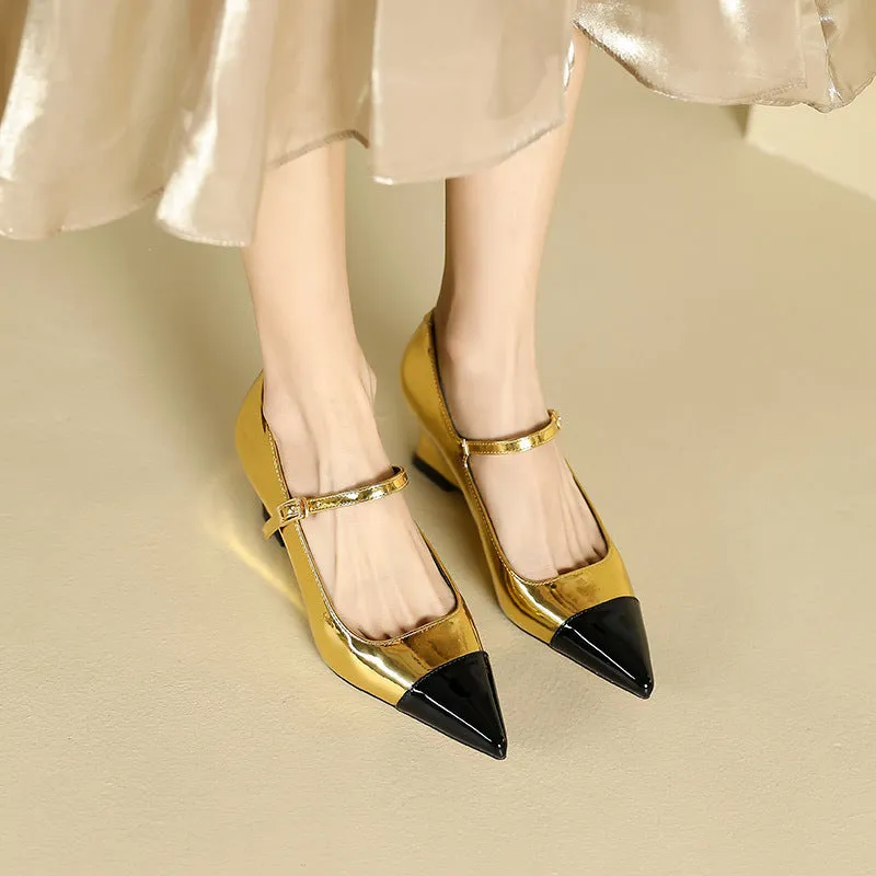 2025 5162-3 one-word pointed high heels women's color matching wedge heel single shoes women's shallow mouth professional commuter high heel single shoes women
