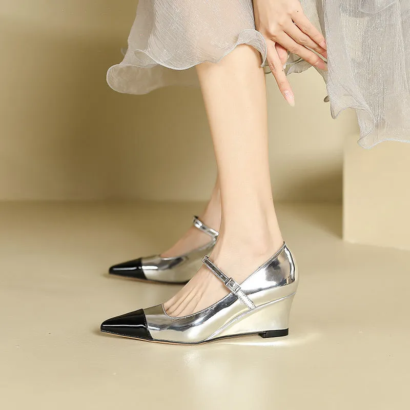 2025 5162-3 one-word pointed high heels women's color matching wedge heel single shoes women's shallow mouth professional commuter high heel single shoes women