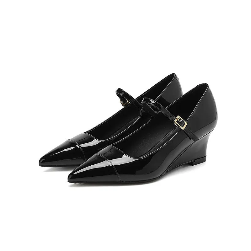 2025 5162-3 one-word pointed high heels women's color matching wedge heel single shoes women's shallow mouth professional commuter high heel single shoes women