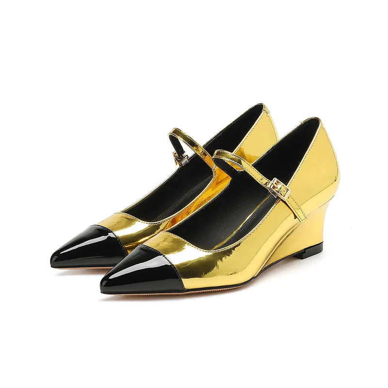 2025 5162-3 one-word pointed high heels women's color matching wedge heel single shoes women's shallow mouth professional commuter high heel single shoes women