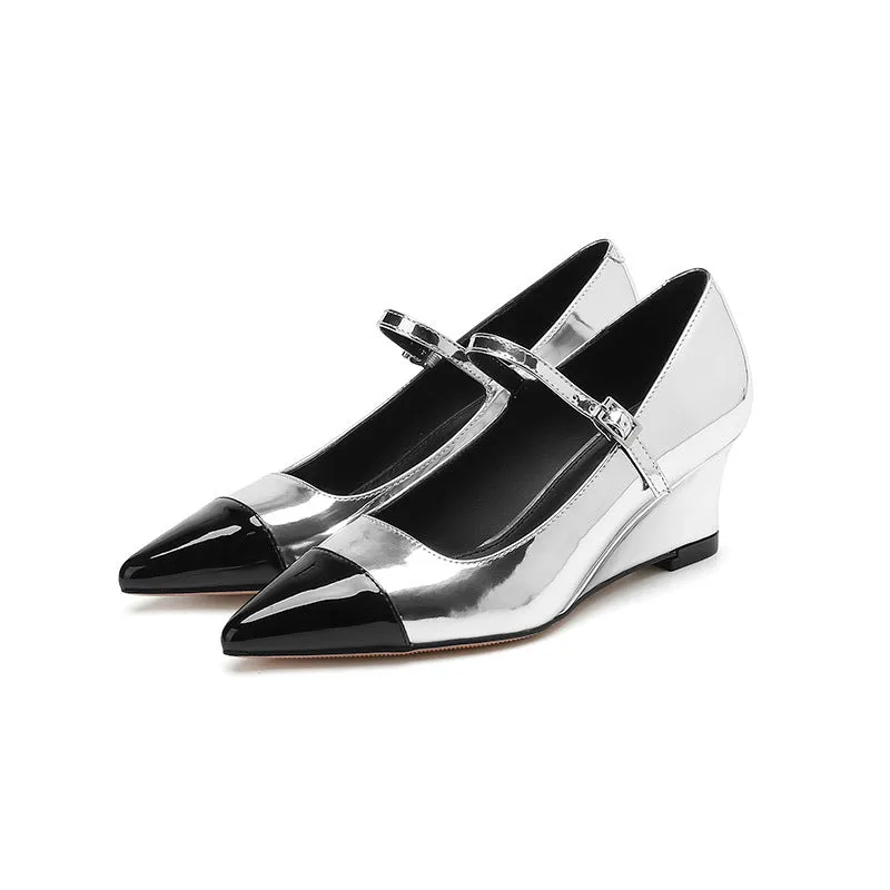 2025 5162-3 one-word pointed high heels women's color matching wedge heel single shoes women's shallow mouth professional commuter high heel single shoes women