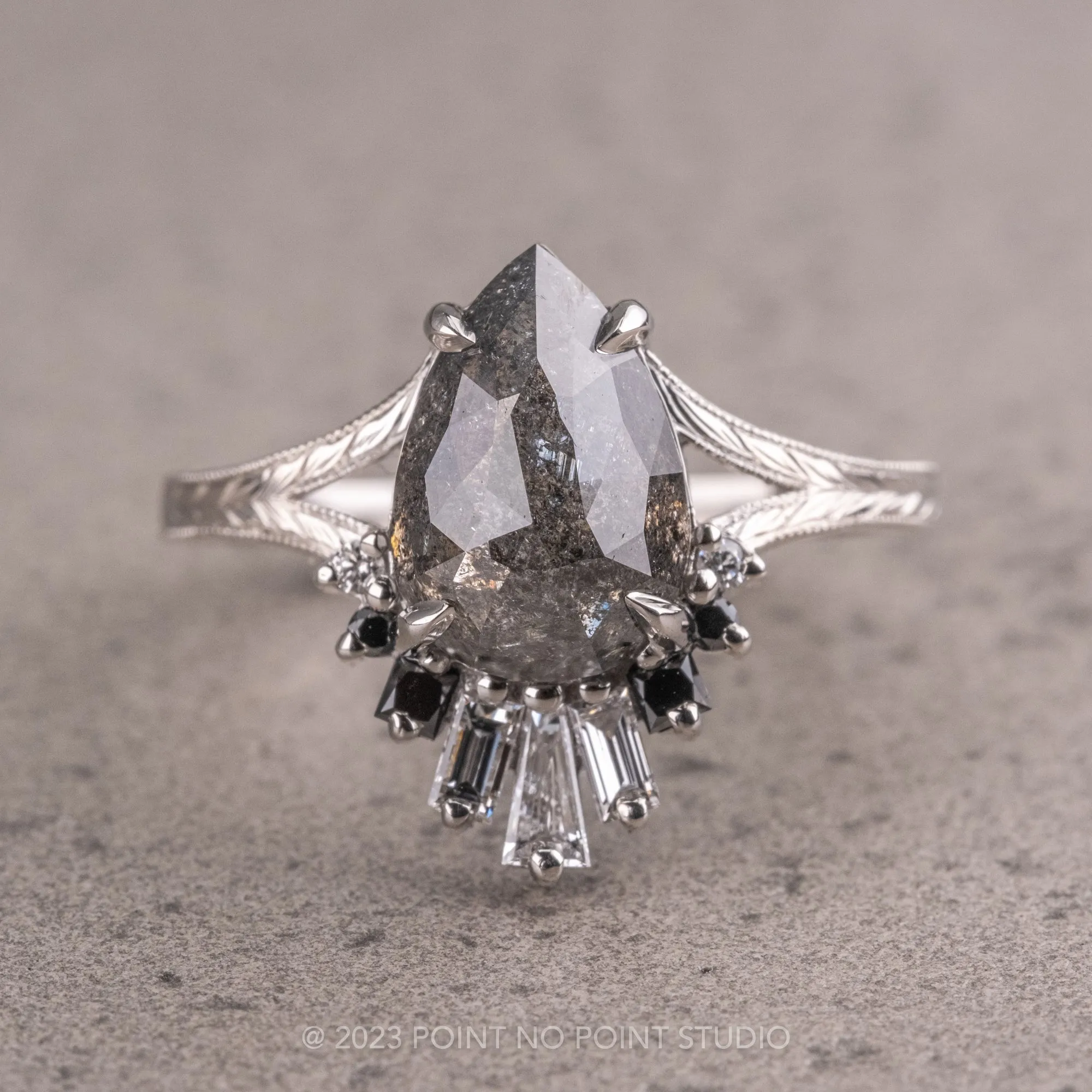 2.19 Carat Salt and Pepper Pear Diamond Engagement Ring, Ombre Wren Setting, Platinum