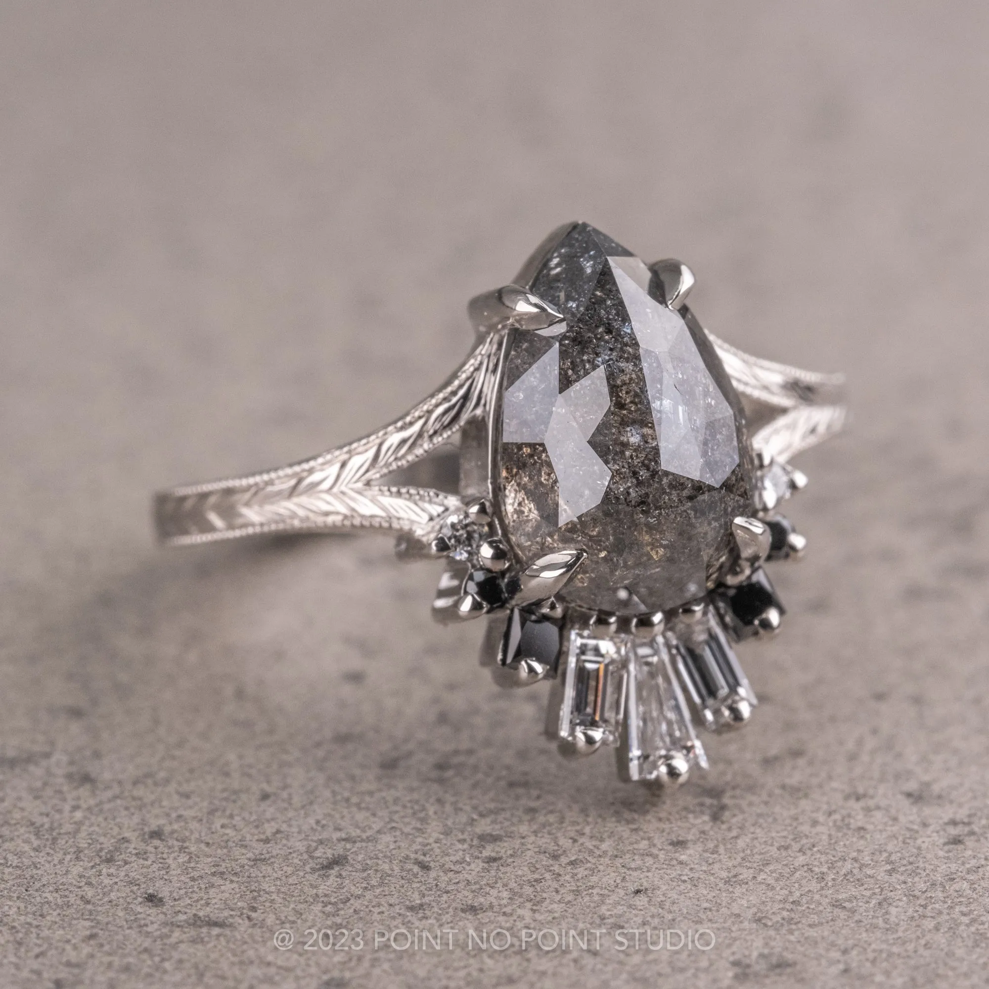 2.19 Carat Salt and Pepper Pear Diamond Engagement Ring, Ombre Wren Setting, Platinum