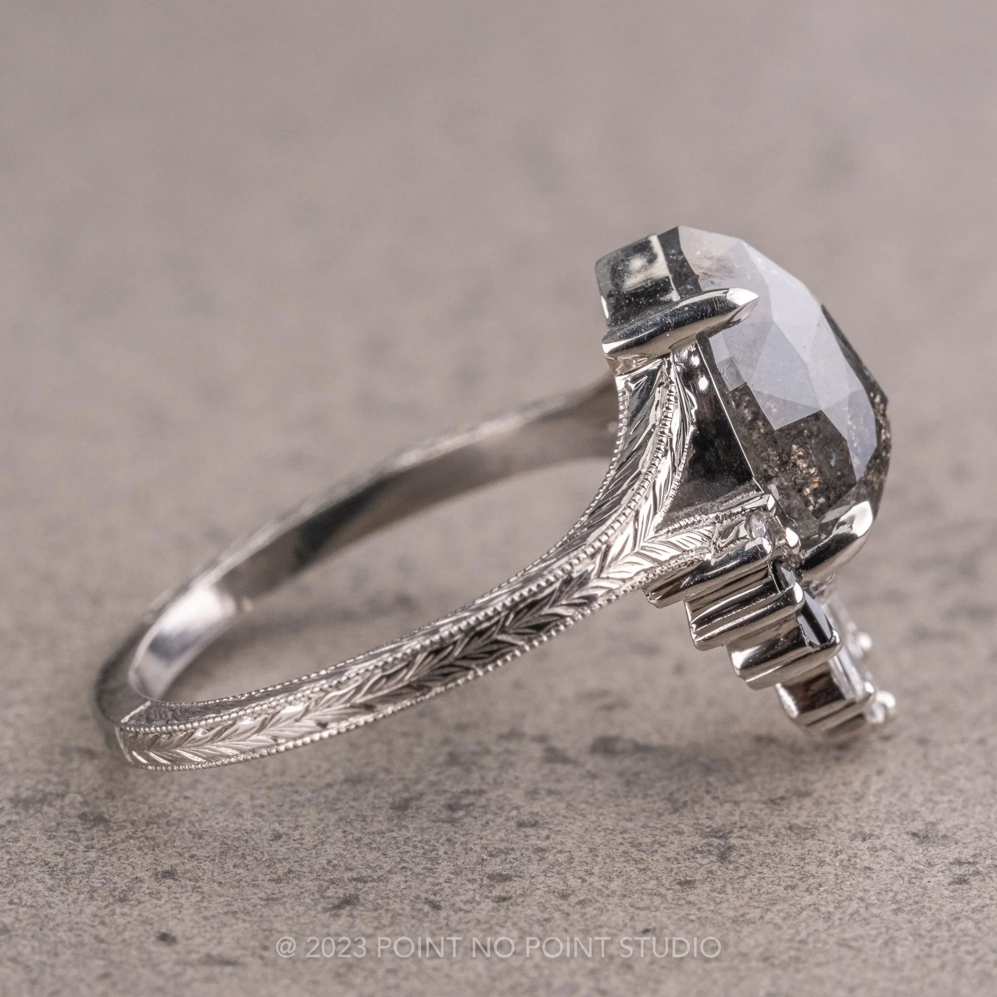 2.19 Carat Salt and Pepper Pear Diamond Engagement Ring, Ombre Wren Setting, Platinum