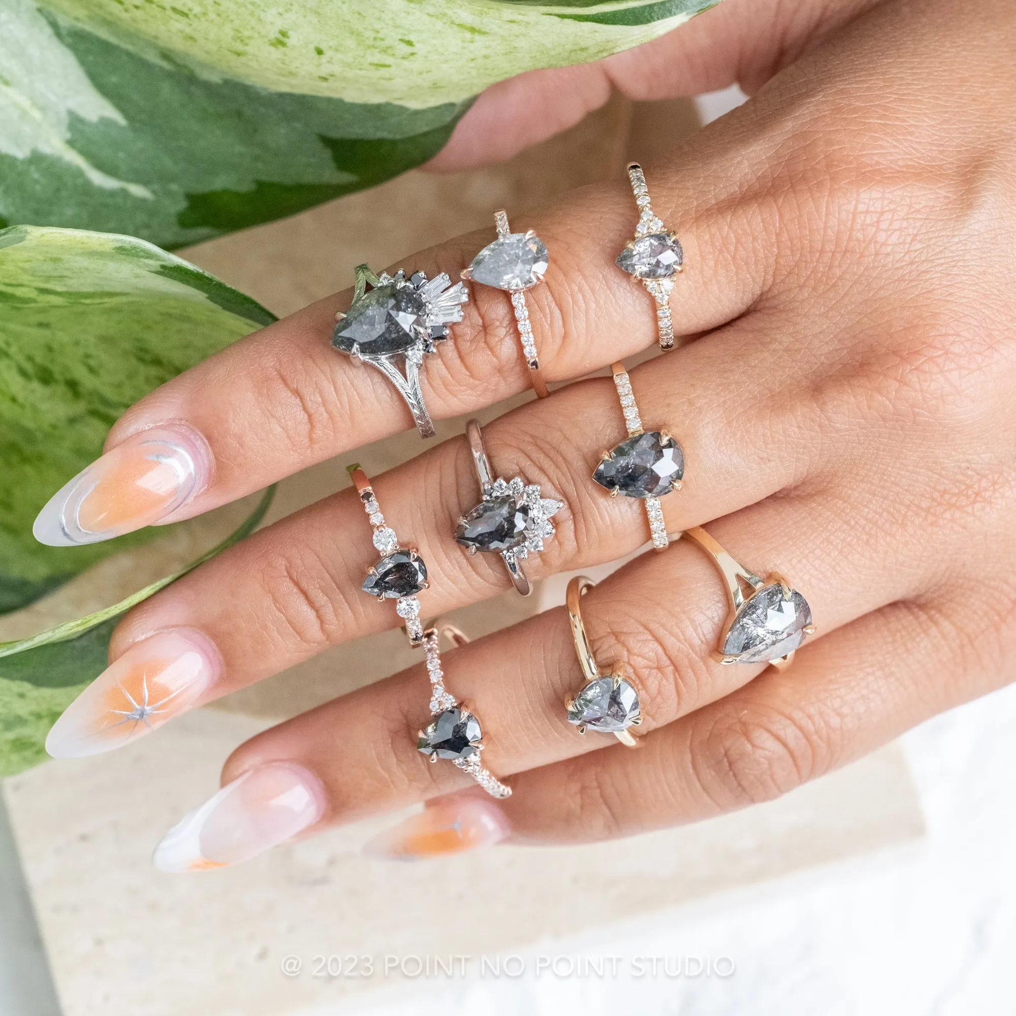 2.19 Carat Salt and Pepper Pear Diamond Engagement Ring, Ombre Wren Setting, Platinum