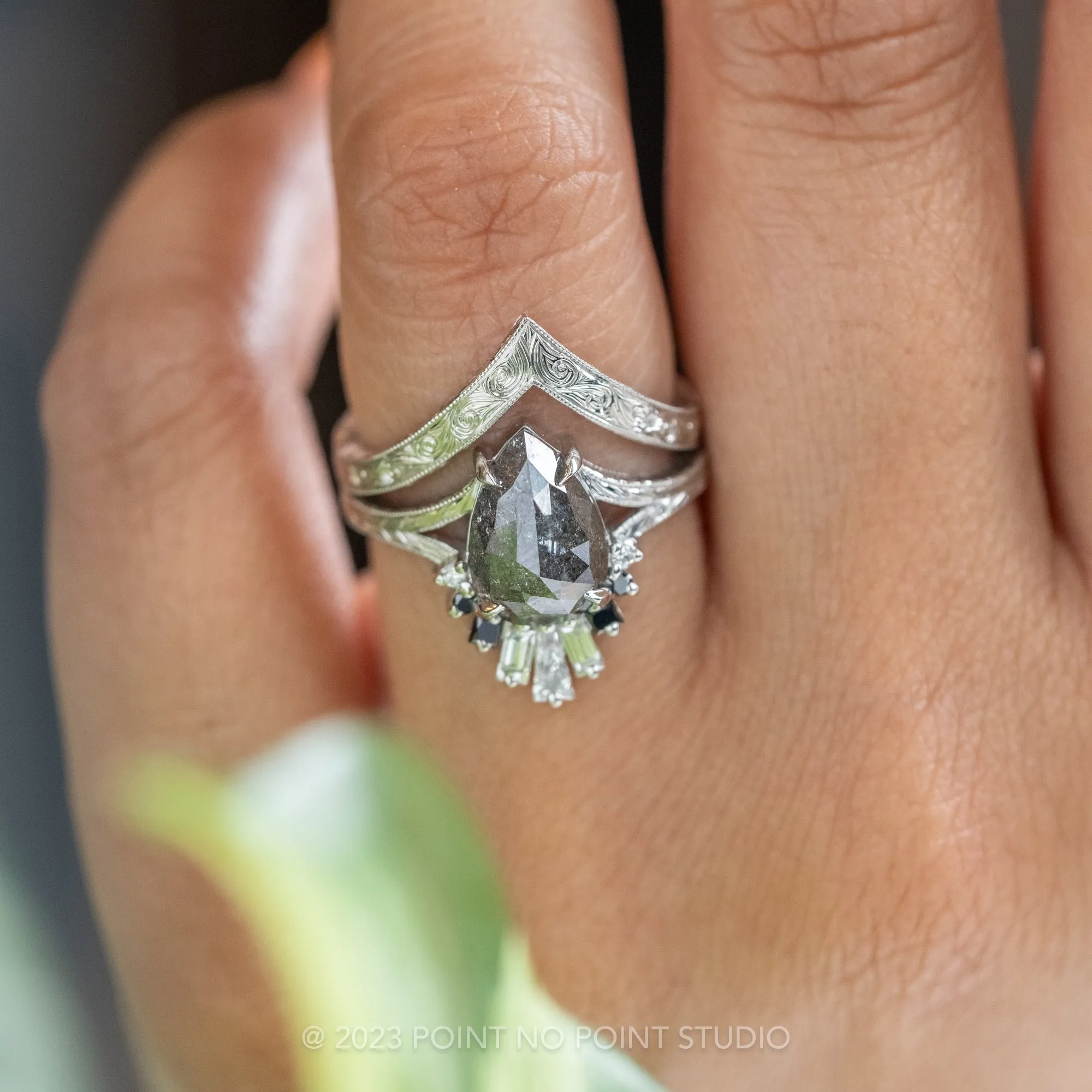 2.19 Carat Salt and Pepper Pear Diamond Engagement Ring, Ombre Wren Setting, Platinum