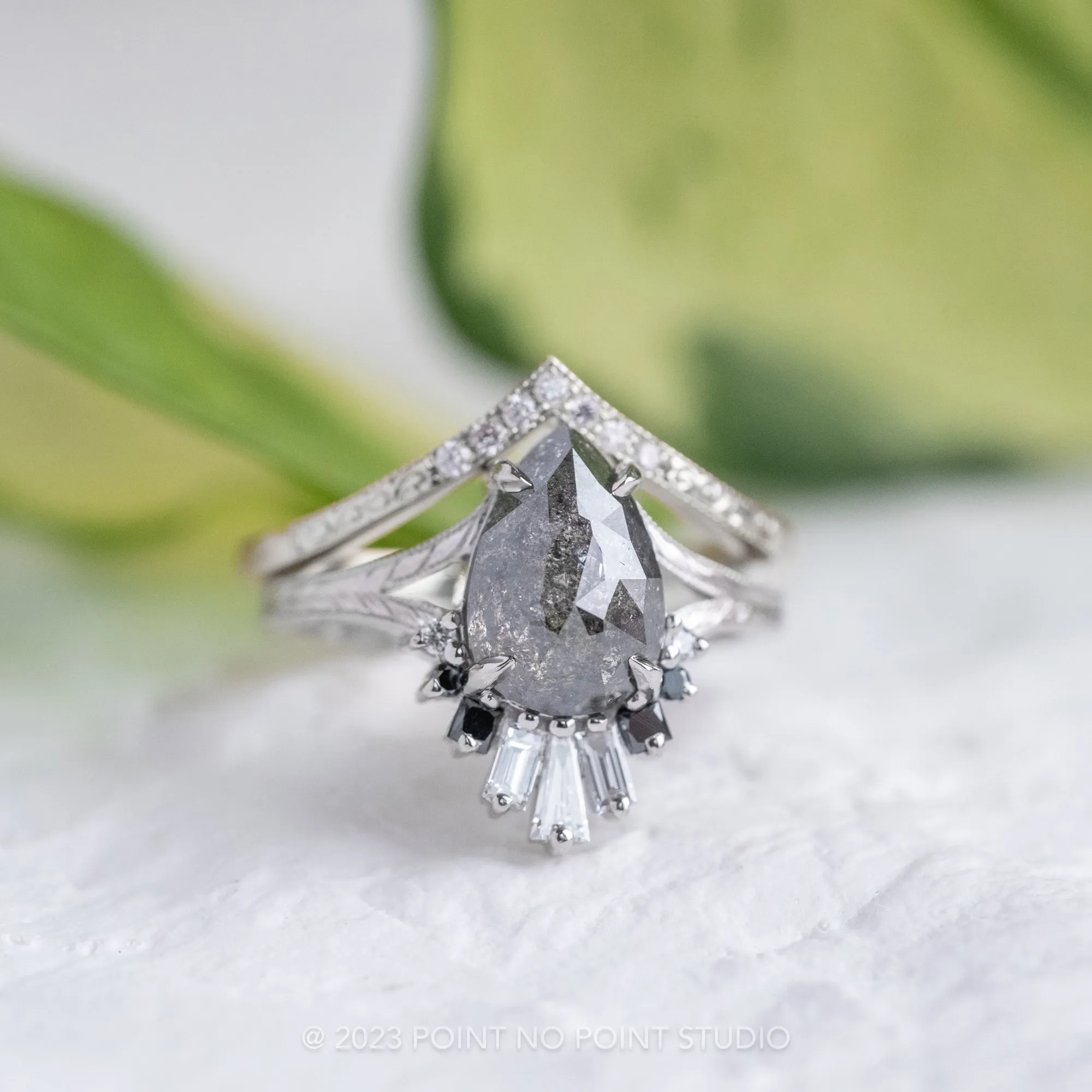 2.19 Carat Salt and Pepper Pear Diamond Engagement Ring, Ombre Wren Setting, Platinum