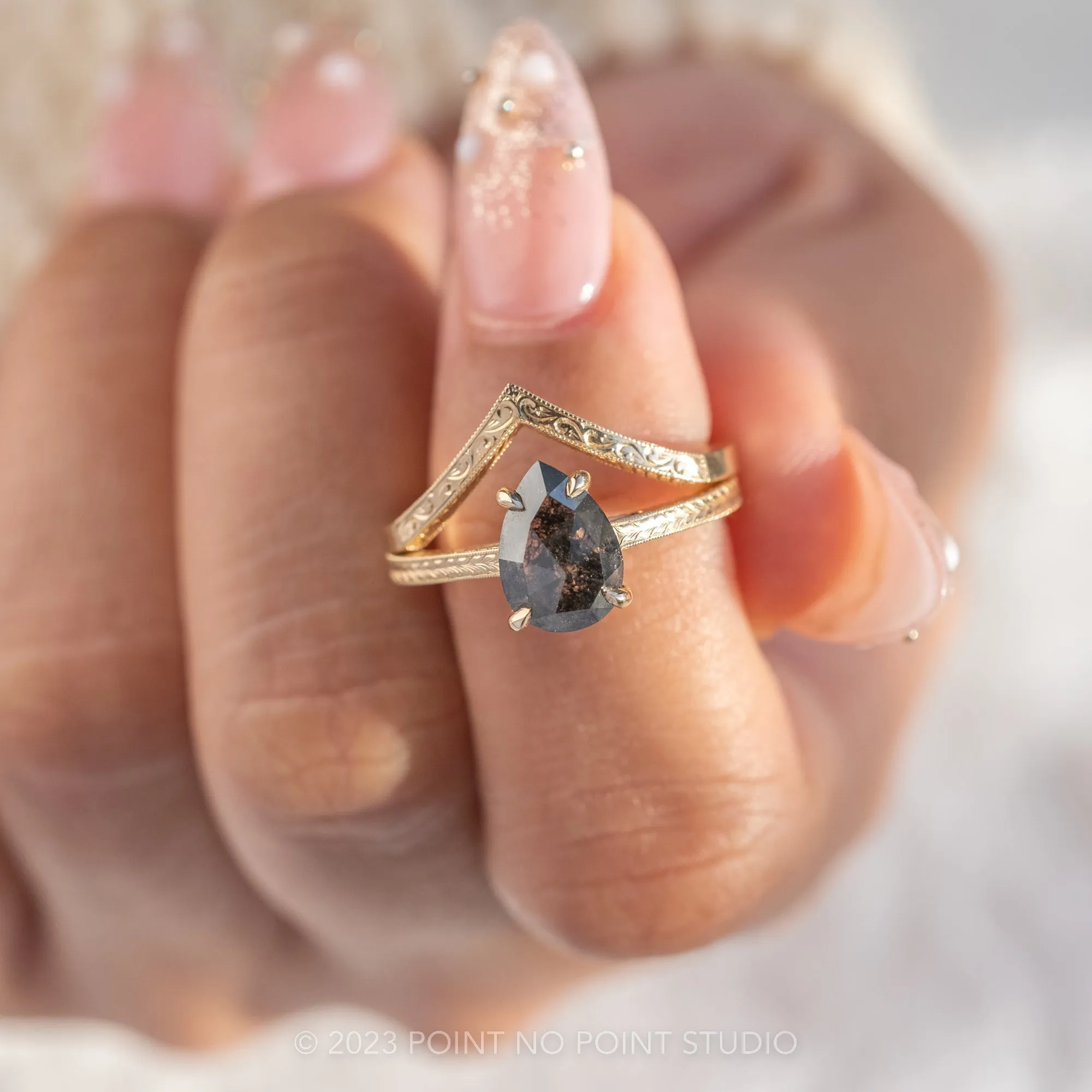 2.27 Carat Black Speckled Pear Diamond Engagement Ring, Engraved Jane Setting, 14K Yellow Gold