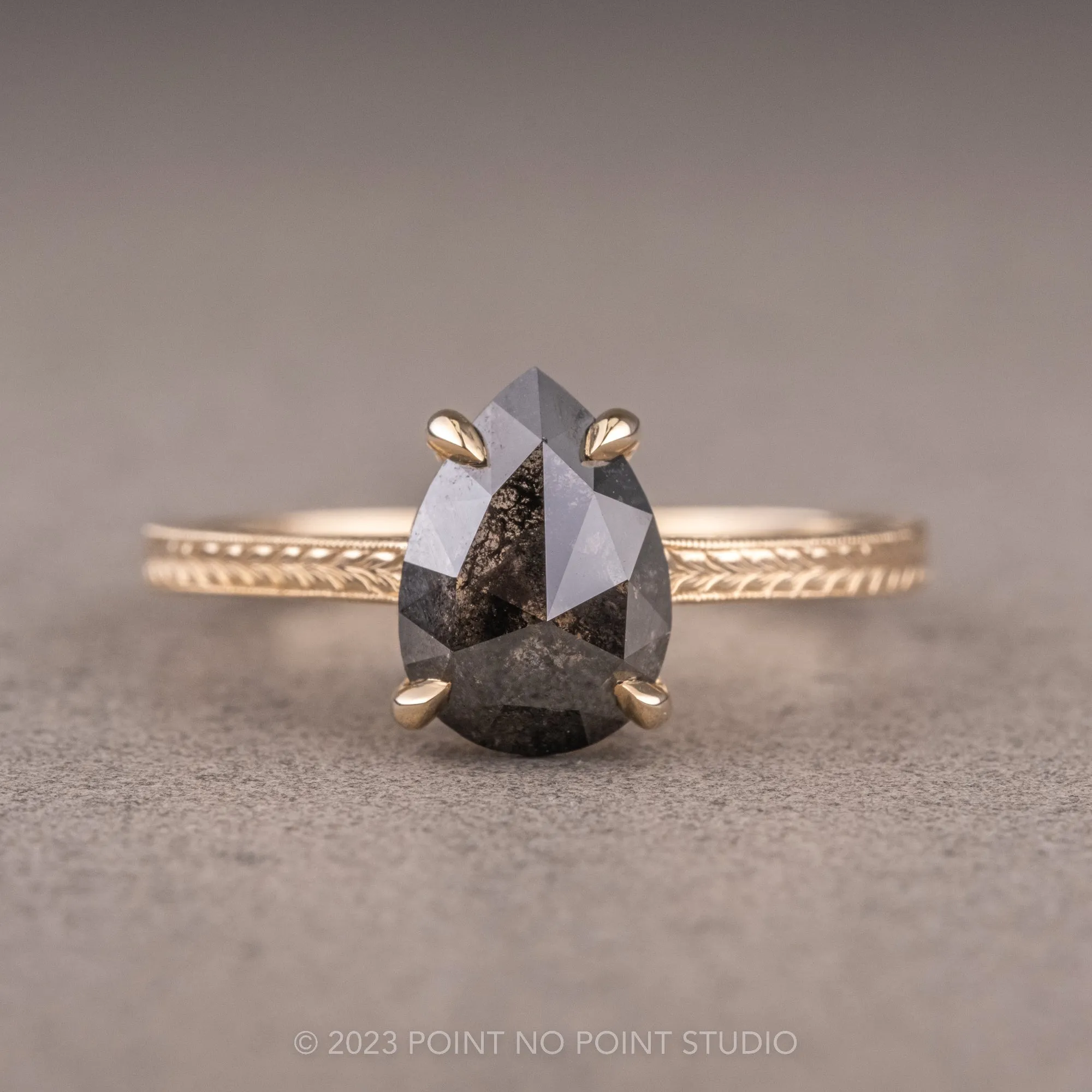 2.27 Carat Black Speckled Pear Diamond Engagement Ring, Engraved Jane Setting, 14K Yellow Gold