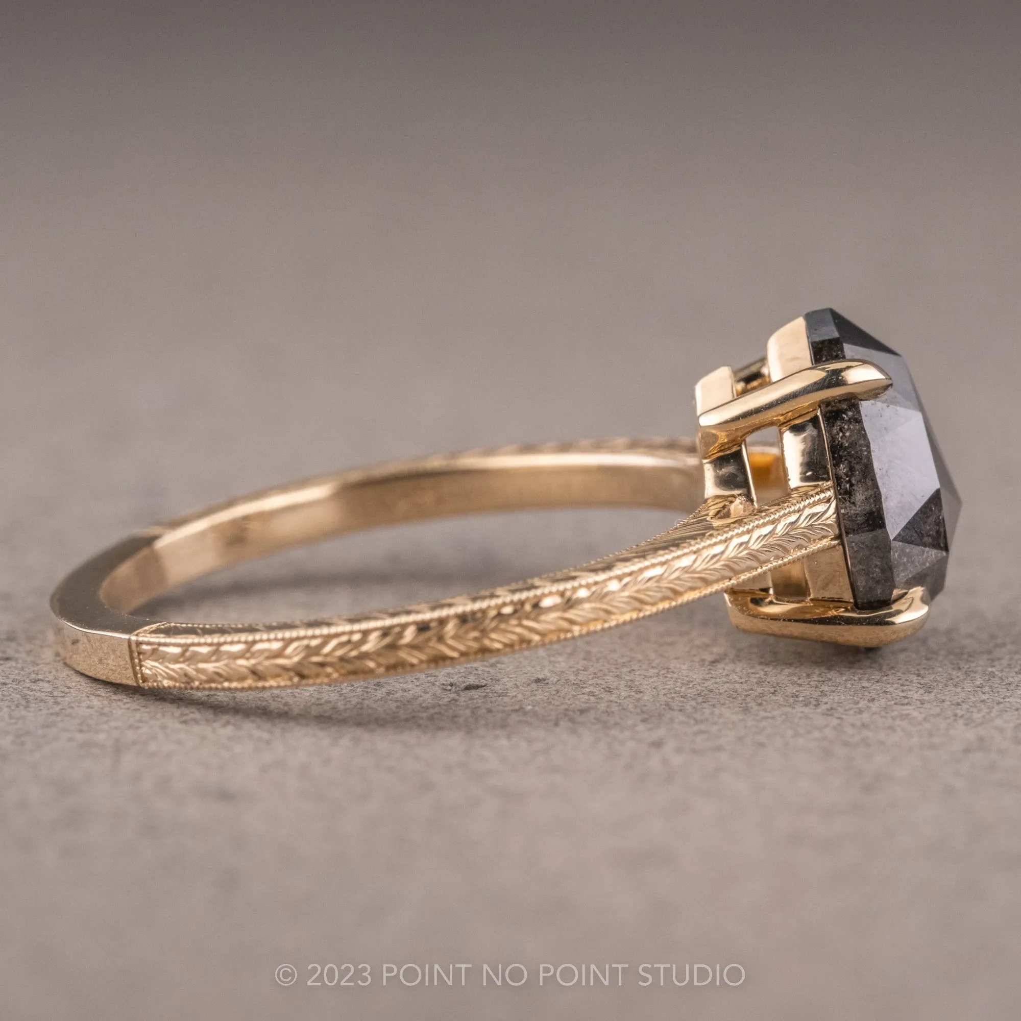 2.27 Carat Black Speckled Pear Diamond Engagement Ring, Engraved Jane Setting, 14K Yellow Gold