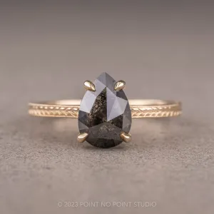 2.27 Carat Black Speckled Pear Diamond Engagement Ring, Engraved Jane Setting, 14K Yellow Gold