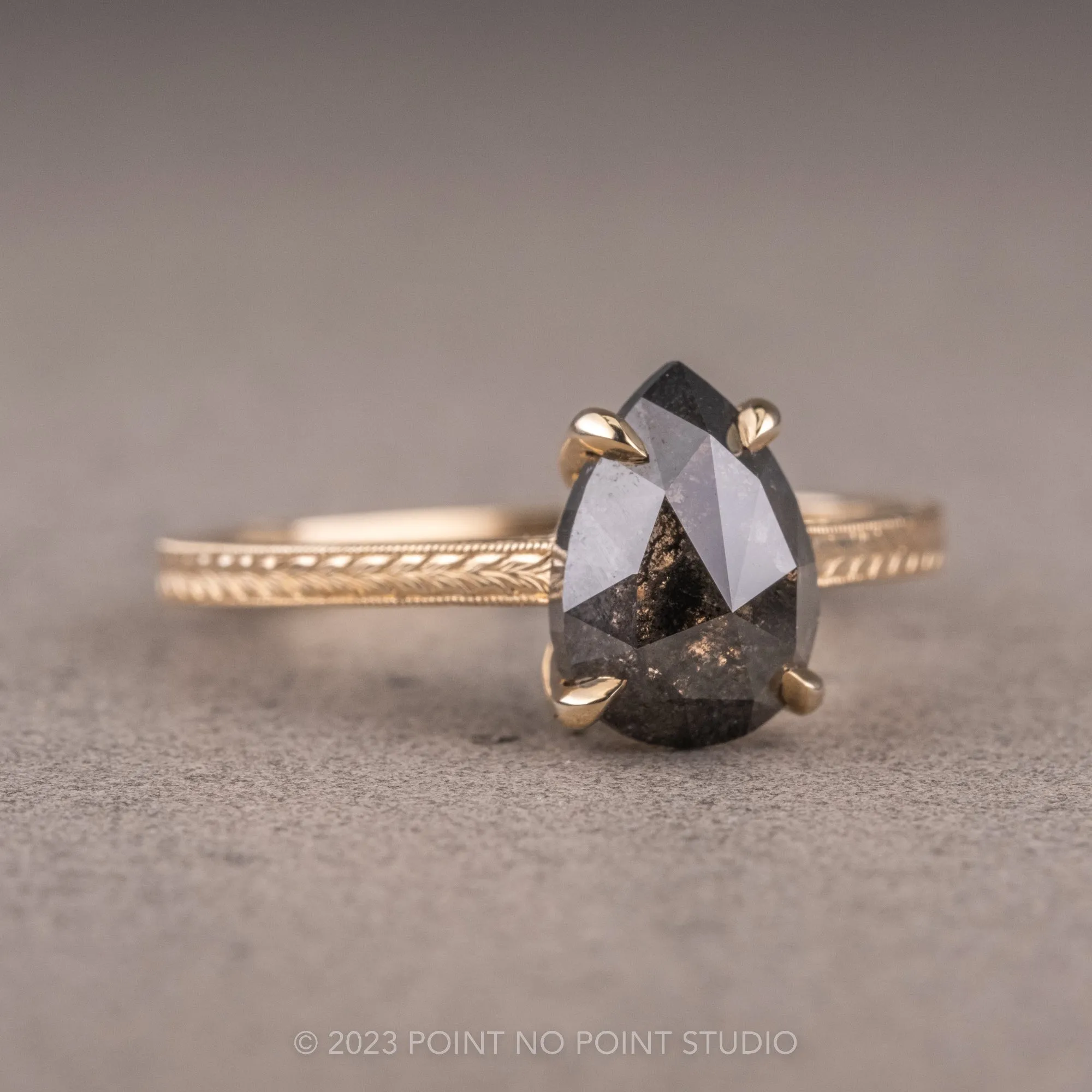2.27 Carat Black Speckled Pear Diamond Engagement Ring, Engraved Jane Setting, 14K Yellow Gold