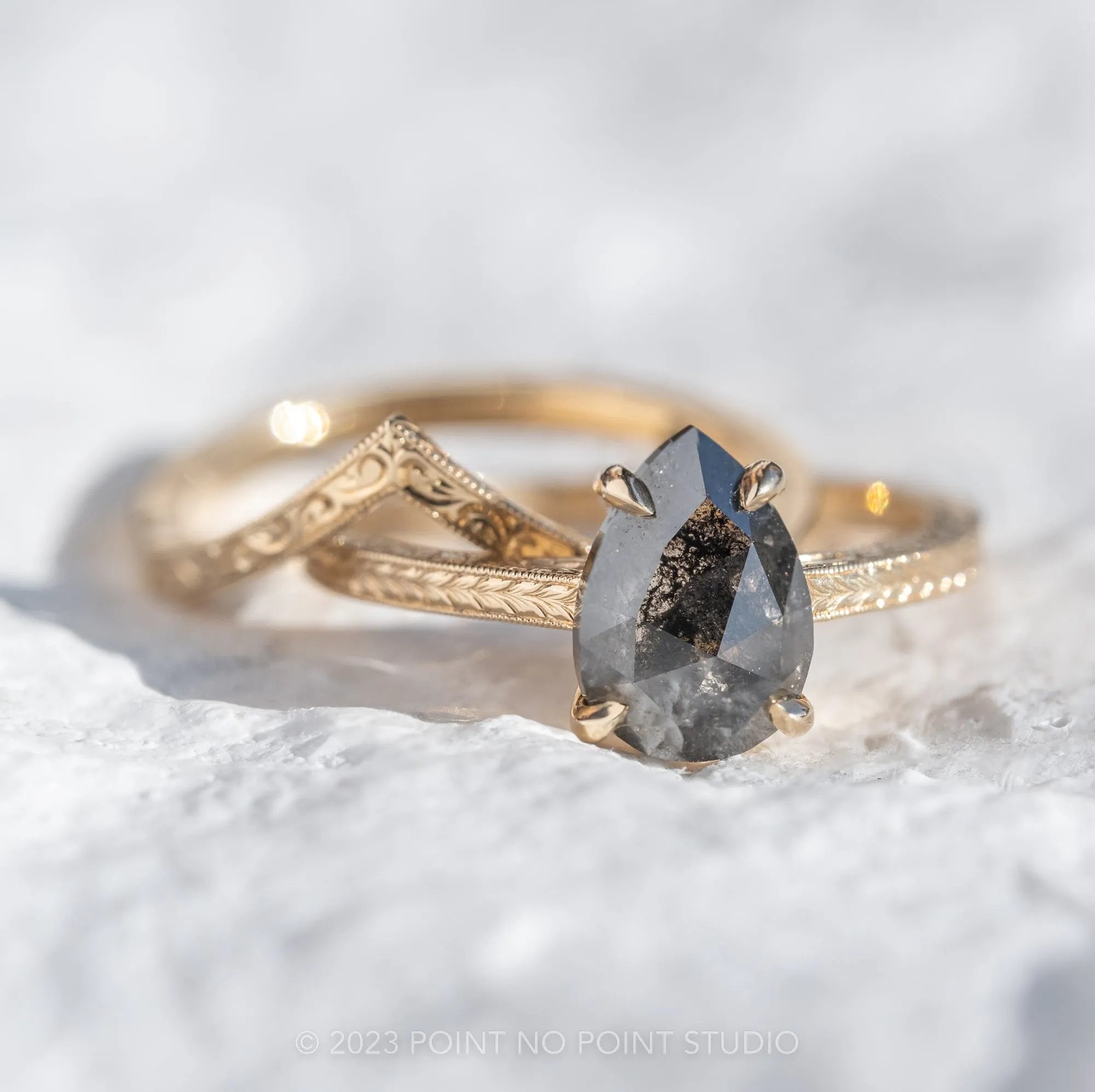 2.27 Carat Black Speckled Pear Diamond Engagement Ring, Engraved Jane Setting, 14K Yellow Gold