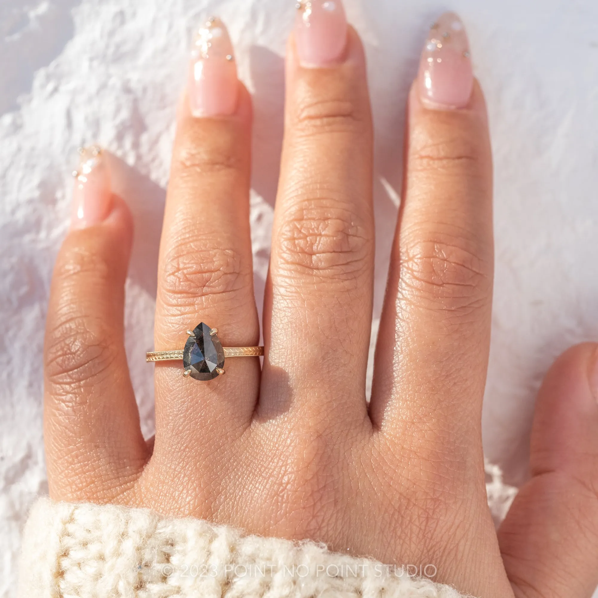 2.27 Carat Black Speckled Pear Diamond Engagement Ring, Engraved Jane Setting, 14K Yellow Gold