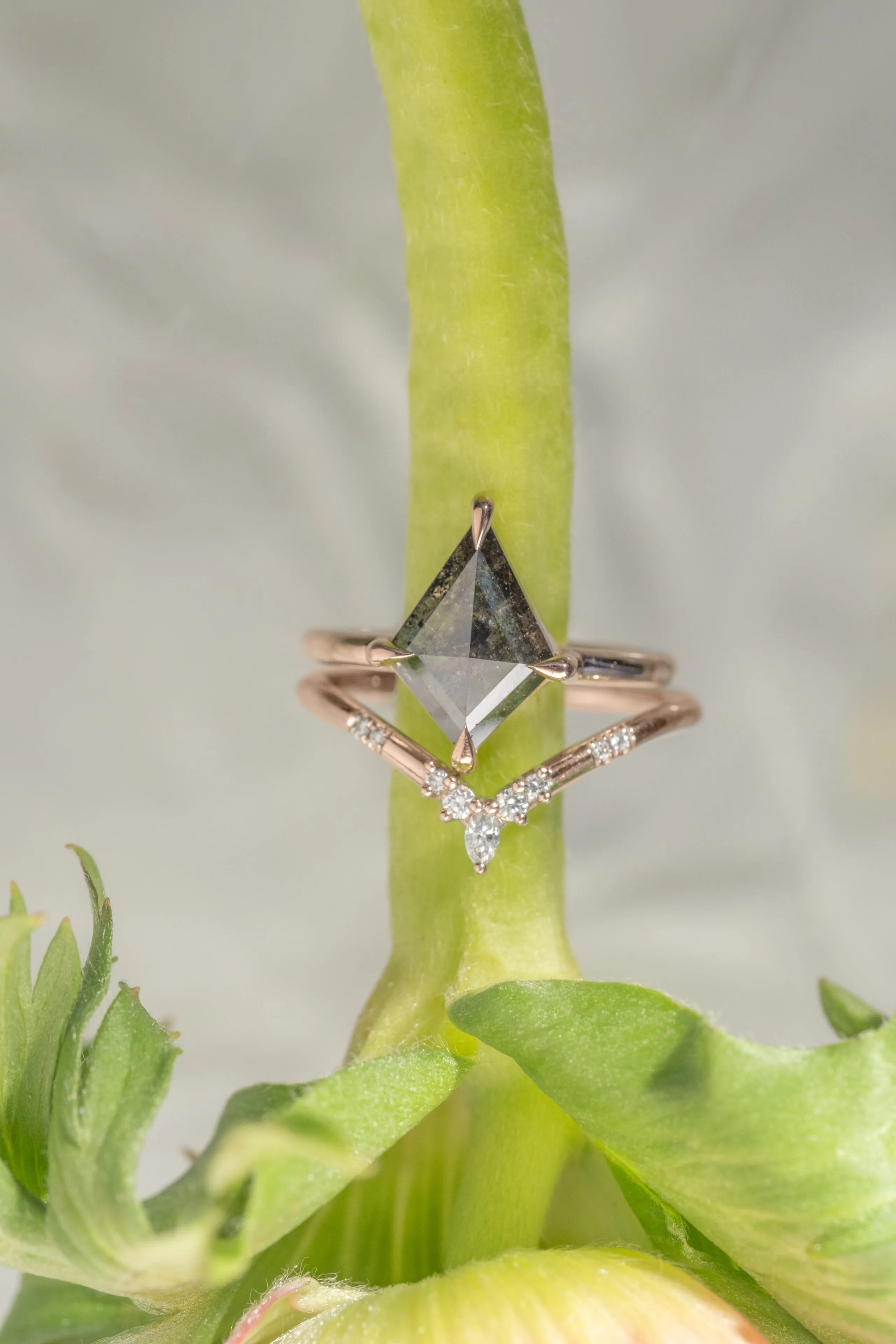 2.36 Carat Black Speckled Kite Diamond Engagement Ring, Jane Setting, 14k Rose Gold