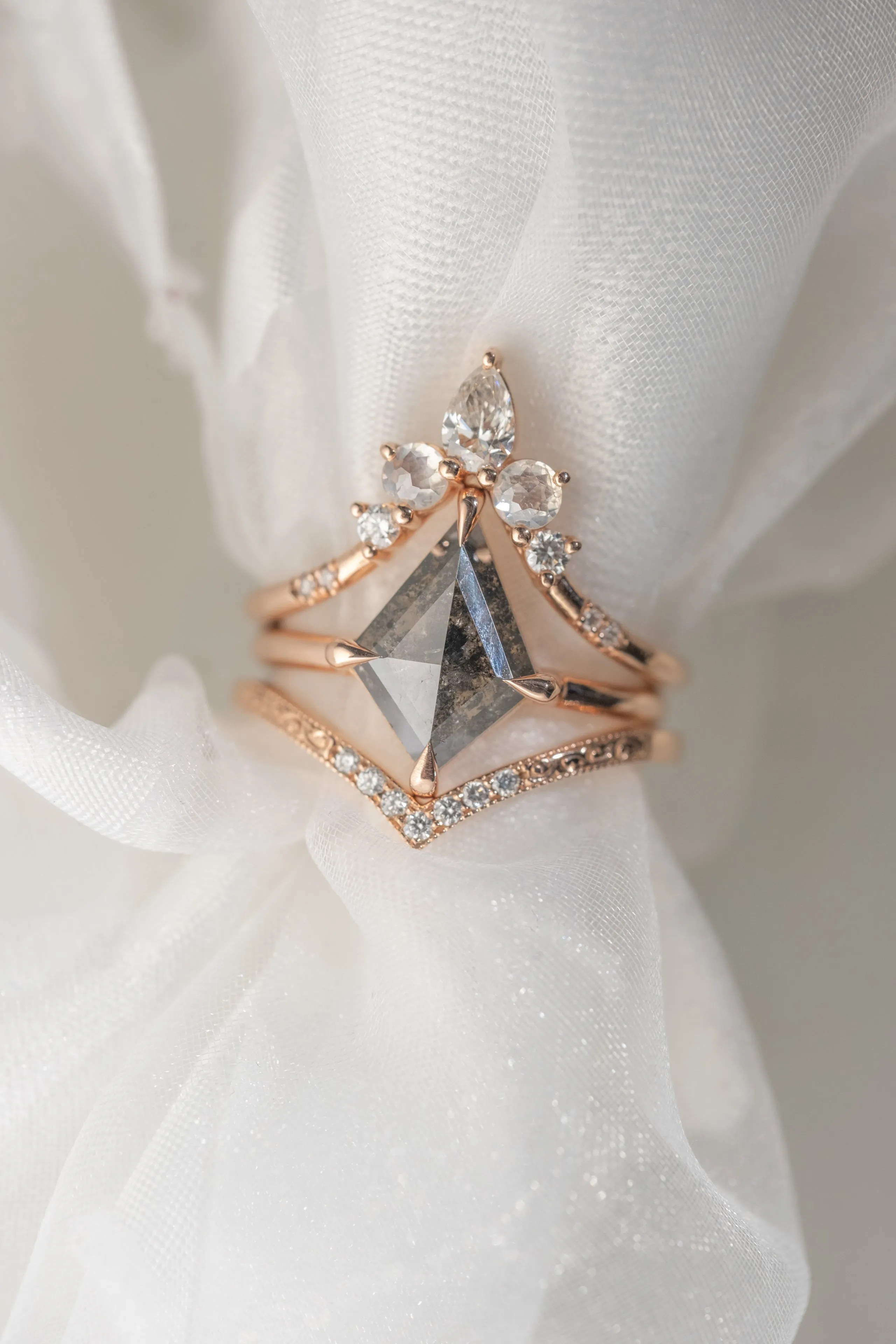 2.36 Carat Black Speckled Kite Diamond Engagement Ring, Jane Setting, 14k Rose Gold