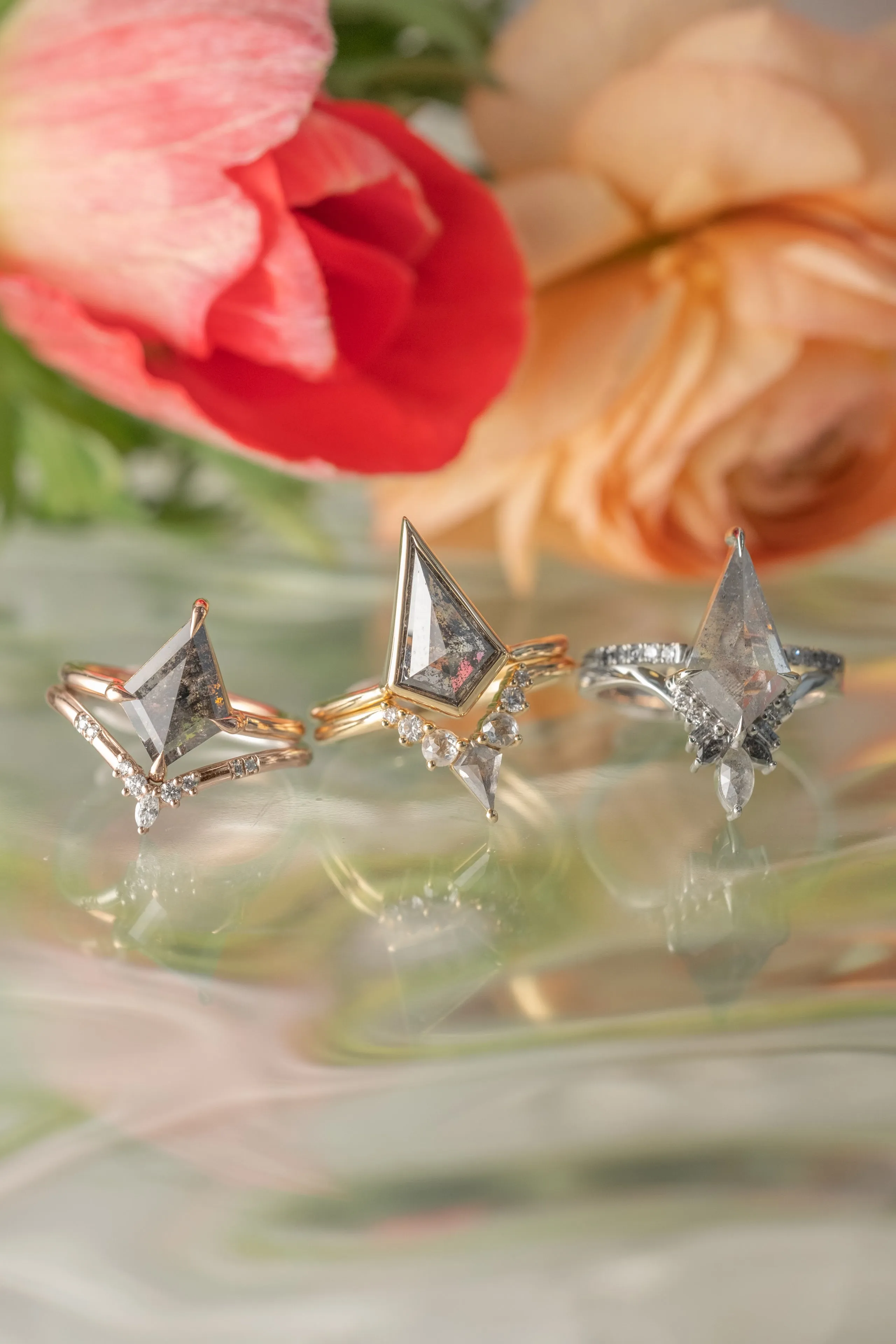 2.36 Carat Black Speckled Kite Diamond Engagement Ring, Jane Setting, 14k Rose Gold