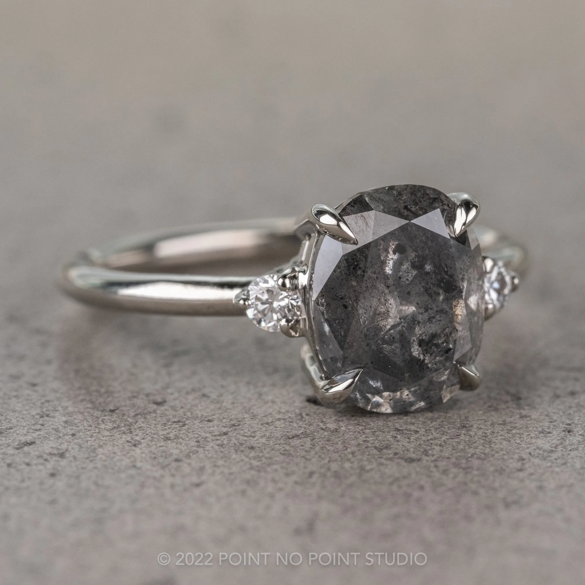 2.45 Carat Black Speckled Oval Diamond Engagement Ring, Zoe Setting, 14k White Gold