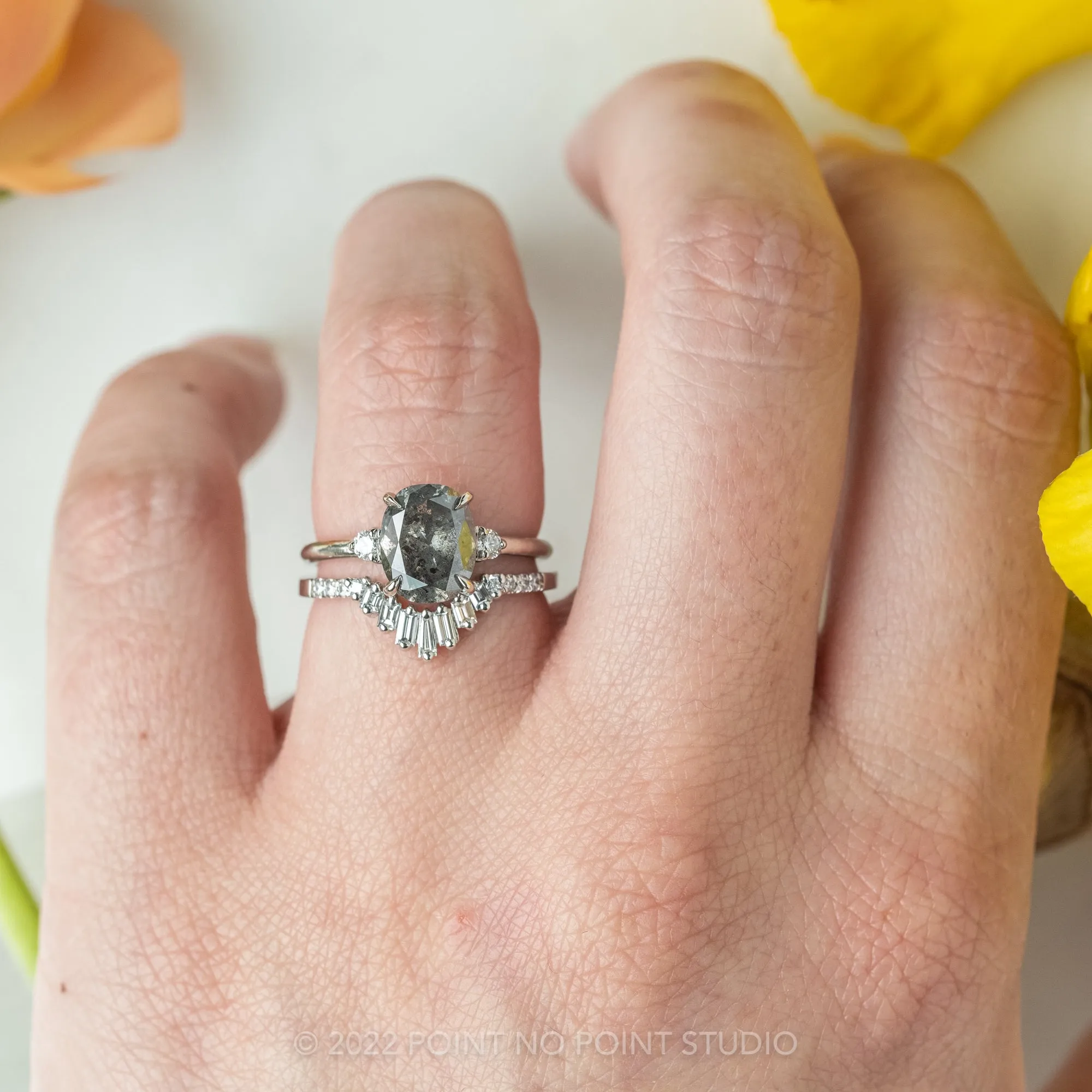 2.45 Carat Black Speckled Oval Diamond Engagement Ring, Zoe Setting, 14k White Gold