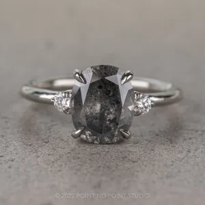 2.45 Carat Black Speckled Oval Diamond Engagement Ring, Zoe Setting, 14k White Gold
