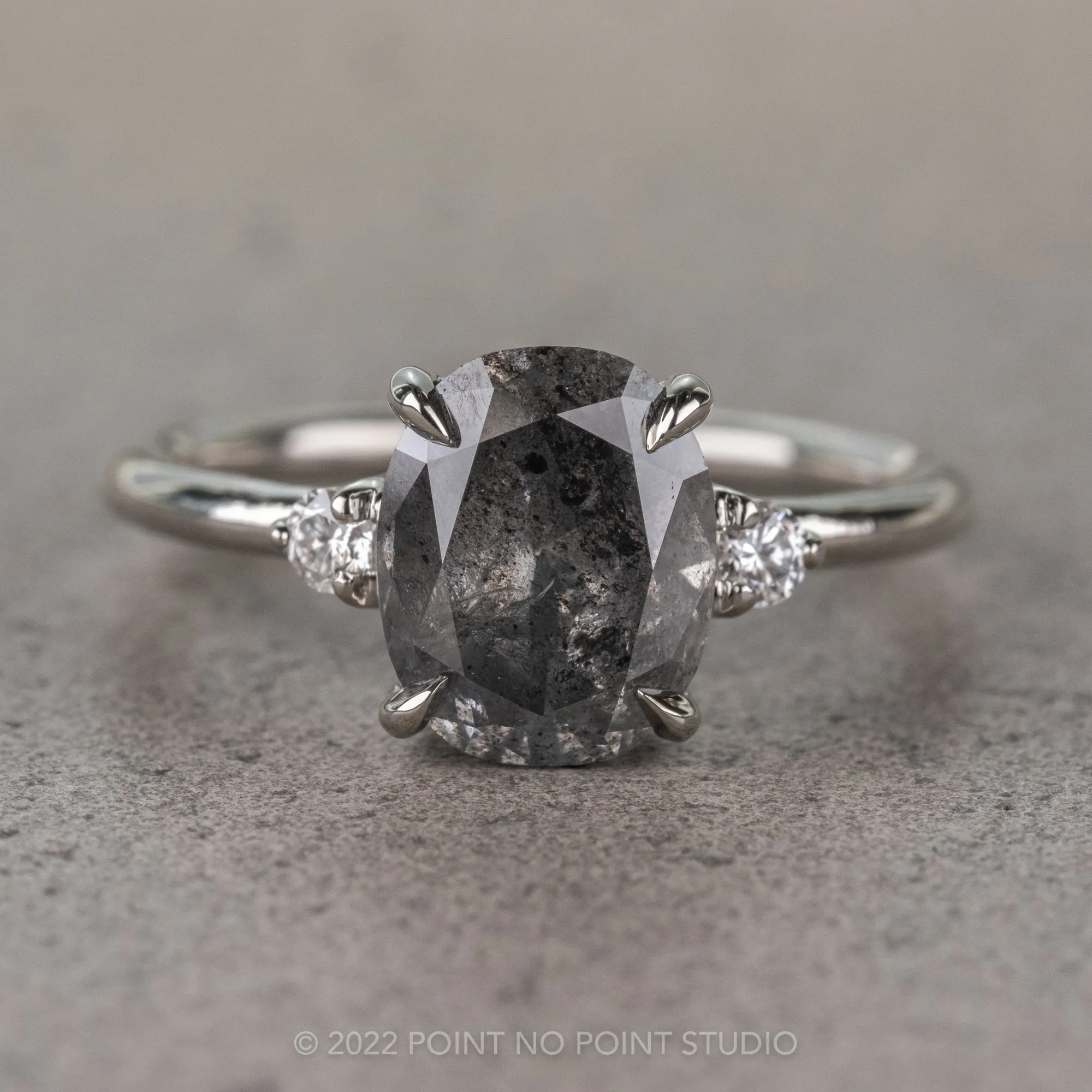 2.45 Carat Black Speckled Oval Diamond Engagement Ring, Zoe Setting, 14k White Gold