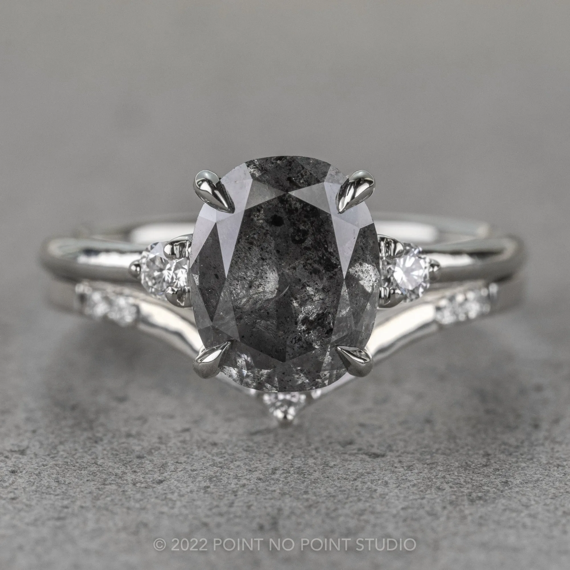 2.45 Carat Black Speckled Oval Diamond Engagement Ring, Zoe Setting, 14k White Gold