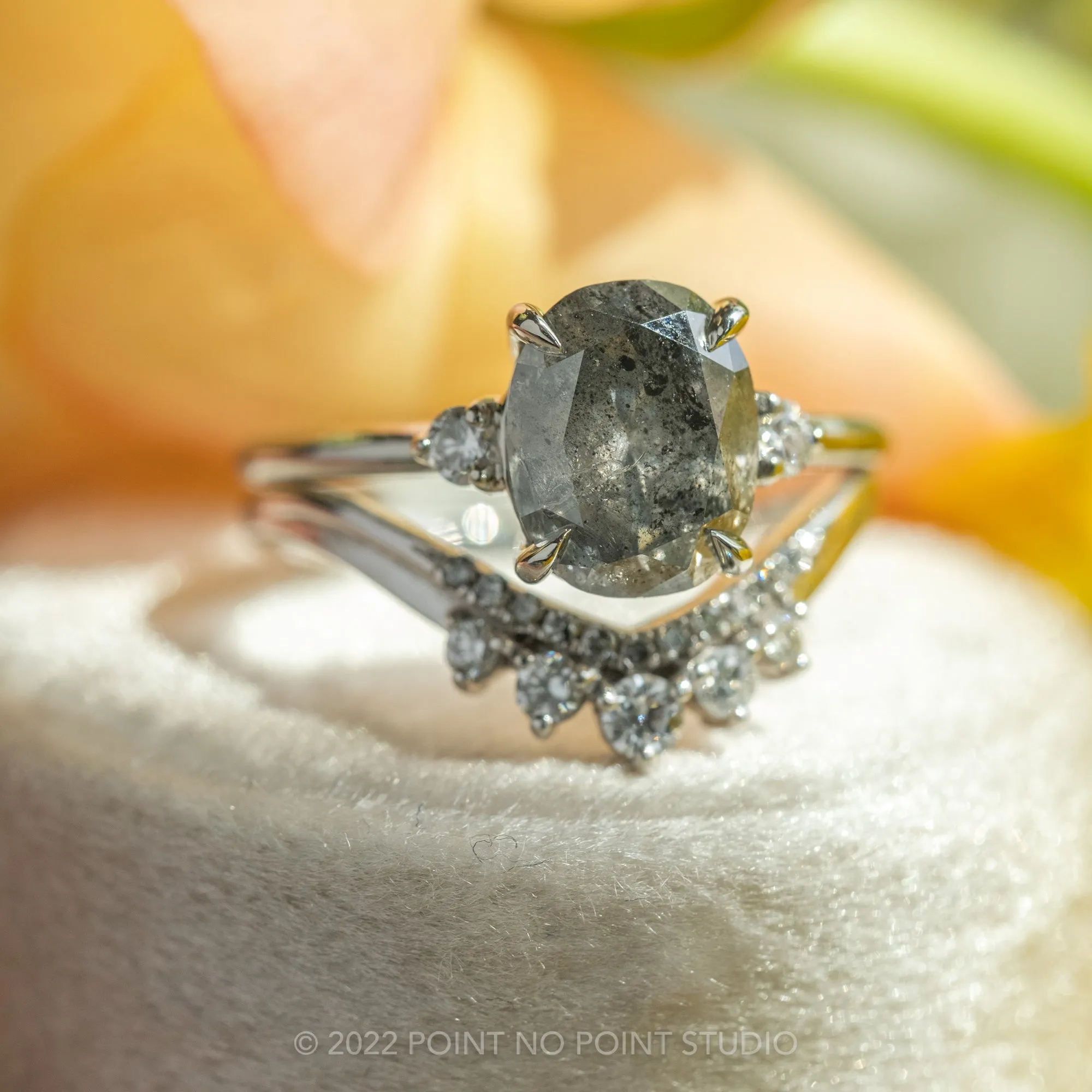 2.45 Carat Black Speckled Oval Diamond Engagement Ring, Zoe Setting, 14k White Gold