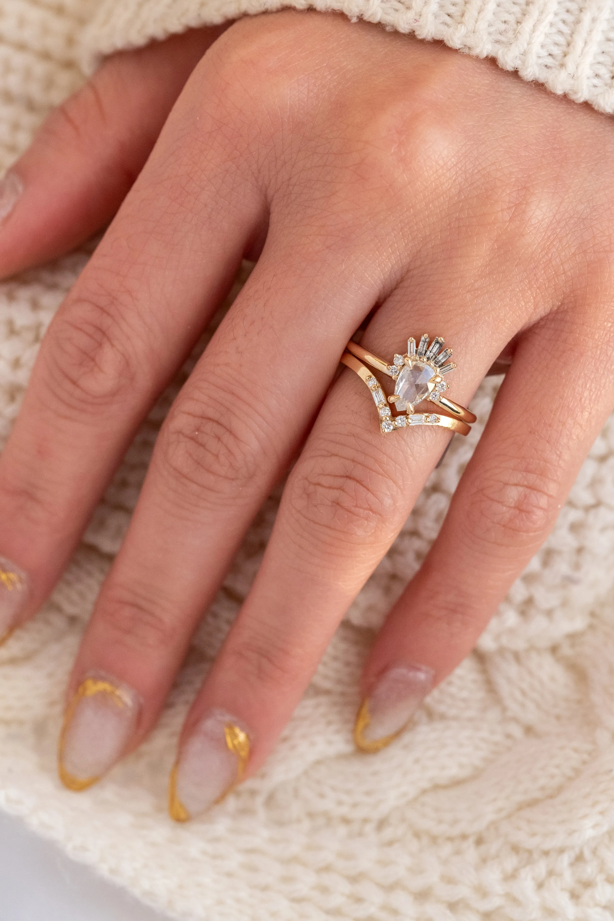 .66 Carat Icy Salt and Pepper Pear Diamond Engagement Ring, Wren Setting, 14K Yellow Gold