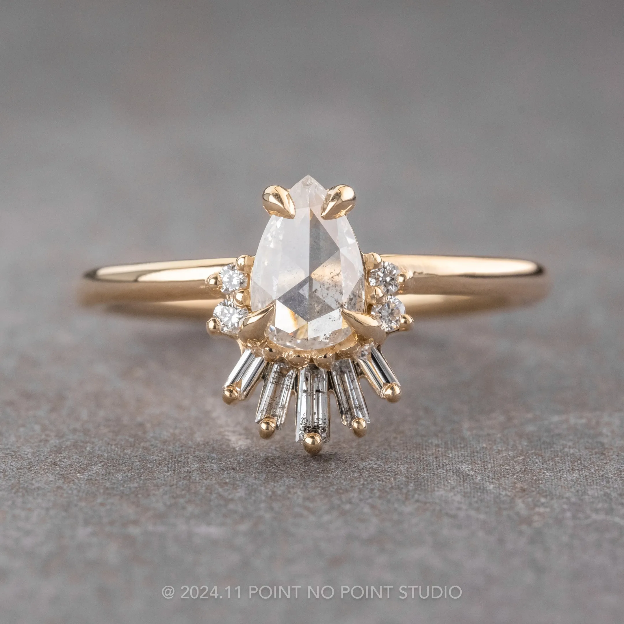 .66 Carat Icy Salt and Pepper Pear Diamond Engagement Ring, Wren Setting, 14K Yellow Gold