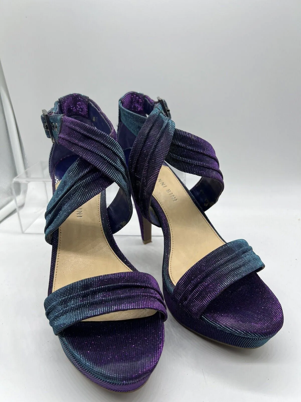 9 M Gianni Bini Purple Glitter Strap Sandal 4” High Heel Open Toe Platform Sling