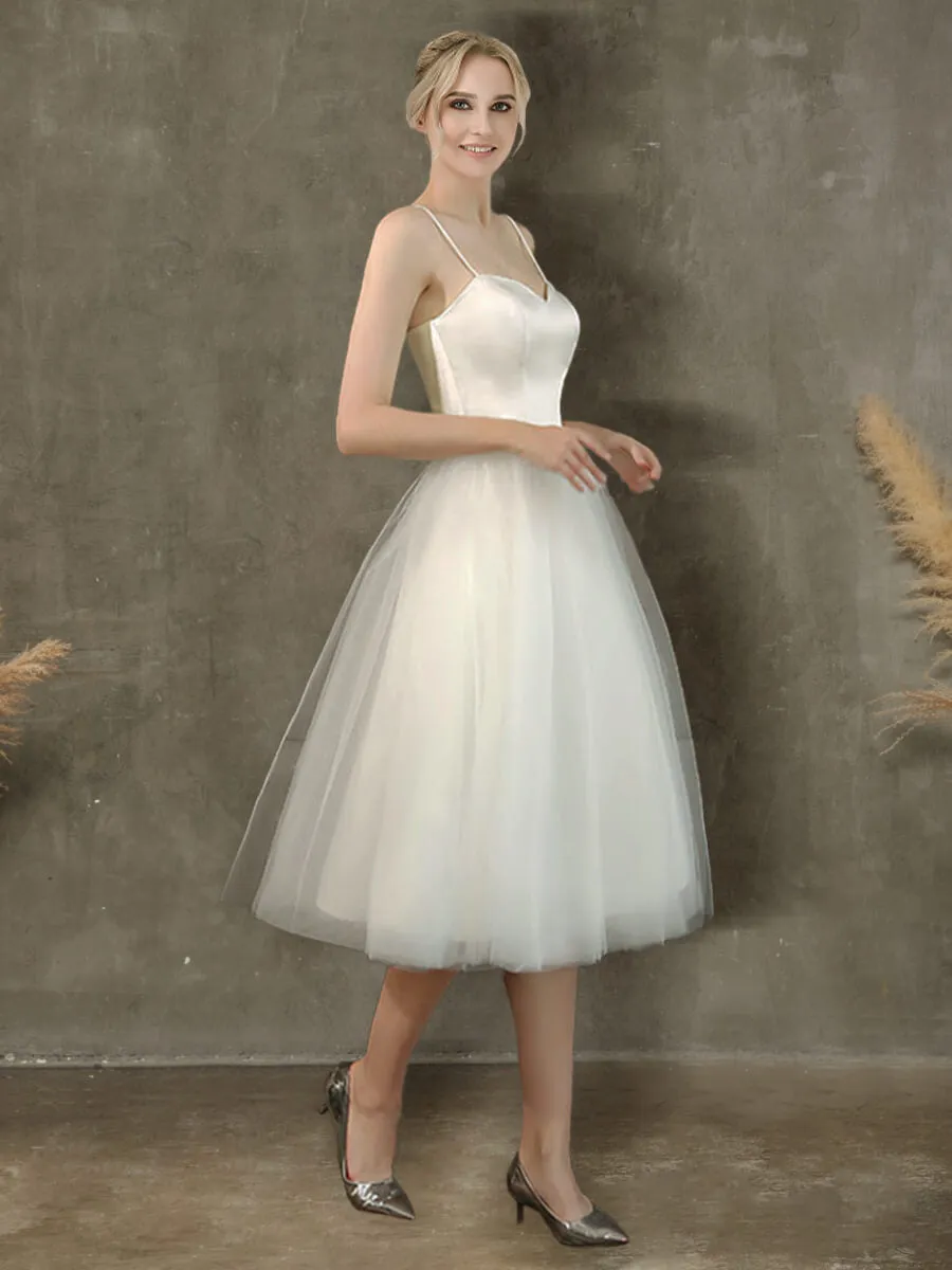 A-Line Ballet Spaghetti Straps Sweetheart Satin Tulle Short Wedding Gown