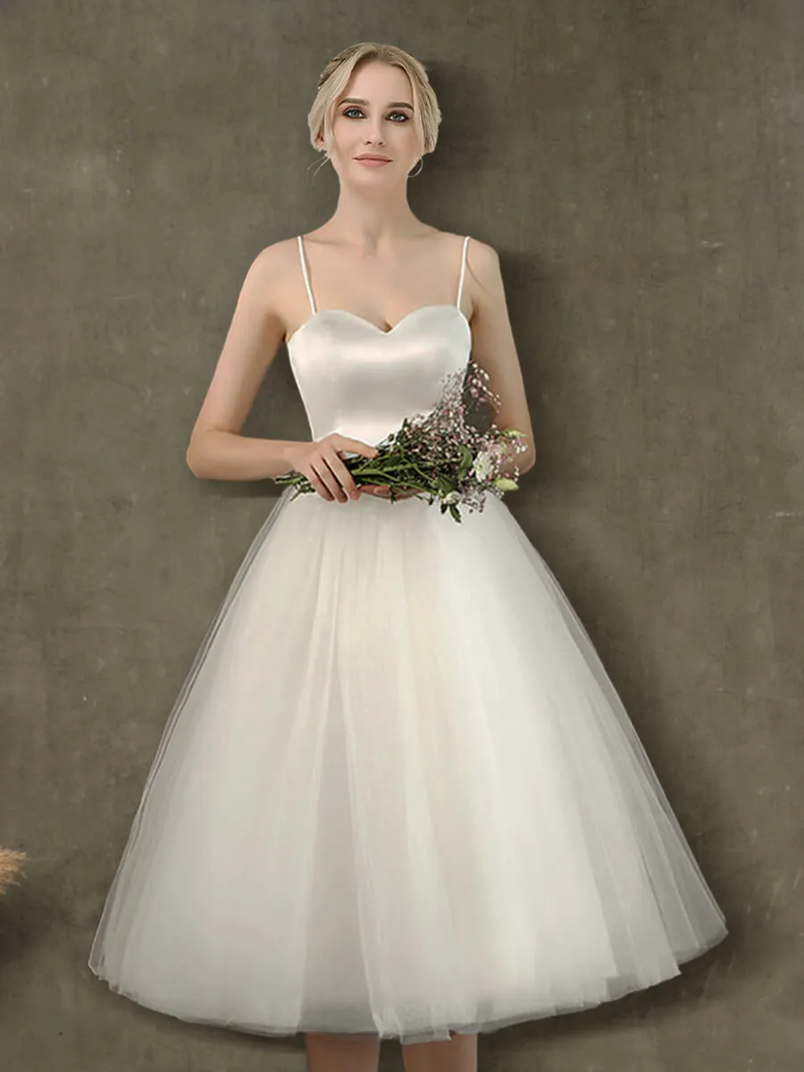 A-Line Ballet Spaghetti Straps Sweetheart Satin Tulle Short Wedding Gown