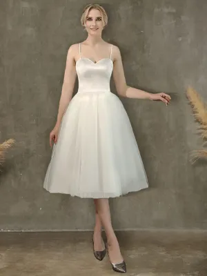 A-Line Ballet Spaghetti Straps Sweetheart Satin Tulle Short Wedding Gown