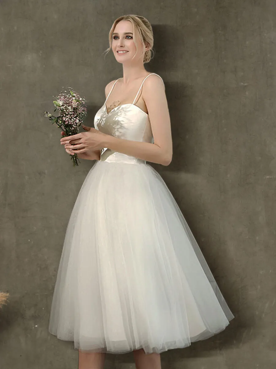 A-Line Ballet Spaghetti Straps Sweetheart Satin Tulle Short Wedding Gown