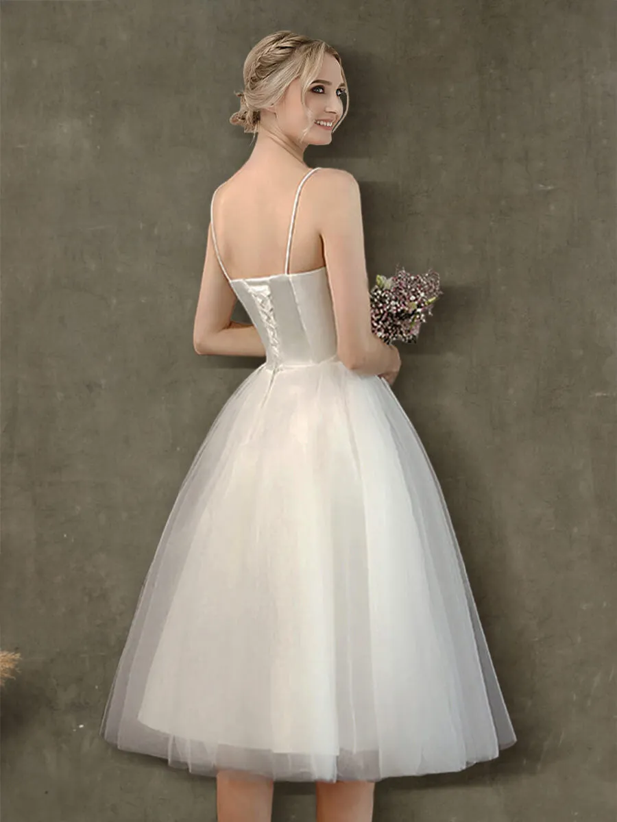 A-Line Ballet Spaghetti Straps Sweetheart Satin Tulle Short Wedding Gown