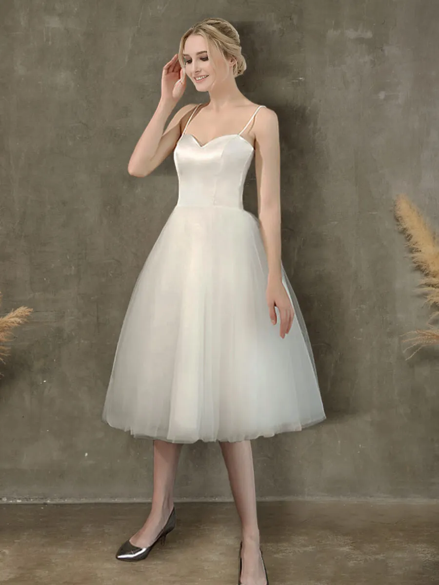 A-Line Ballet Spaghetti Straps Sweetheart Satin Tulle Short Wedding Gown