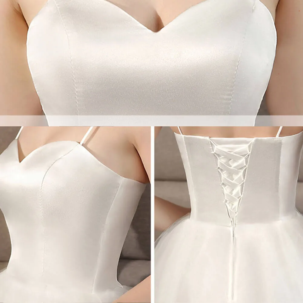 A-Line Ballet Spaghetti Straps Sweetheart Satin Tulle Short Wedding Gown
