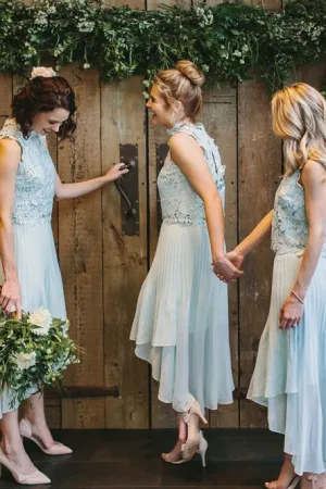 A-Line High Neck Open Back Hi-Low Chiffon Bridesmaid Dress with Lace Pleats OHS051