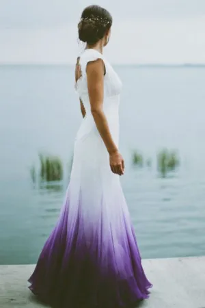 A-Line V-Neck Open Back Ombre Purple Chiffon Wedding Dress with Lace OHD013