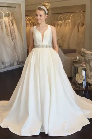 A-Line V-Neck Open Back Sweep Train White Satin Wedding Dress with Beading Pockets OHD007