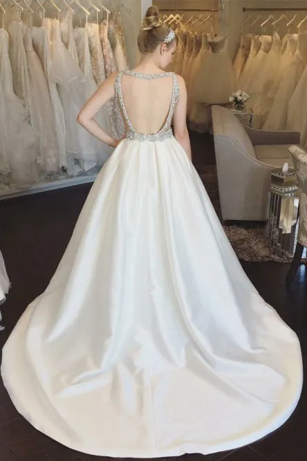 A-Line V-Neck Open Back Sweep Train White Satin Wedding Dress with Beading Pockets OHD007