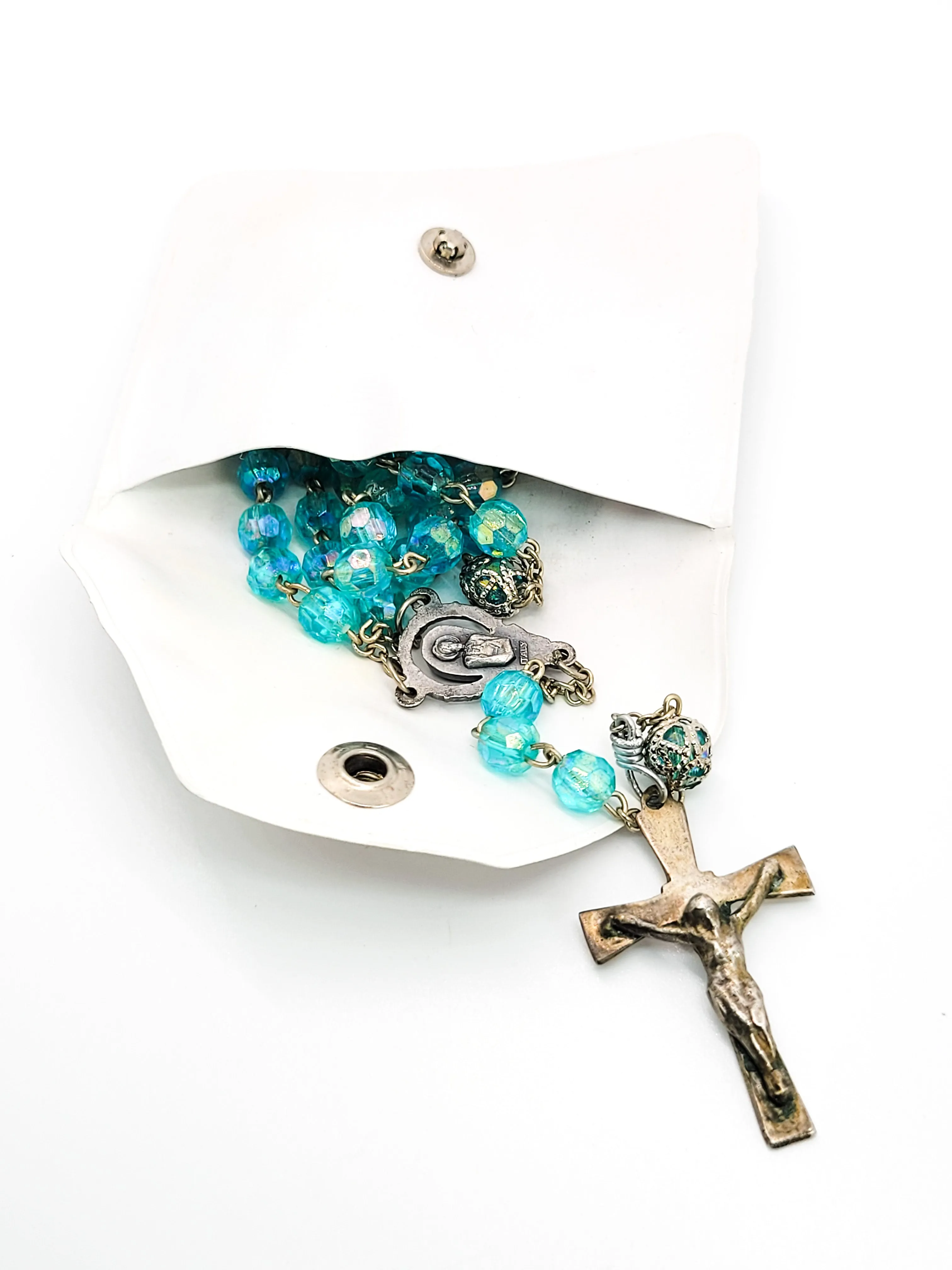Aqua blue Austrian crystal aurora borealis beaded vintage rosary crucifix with holder